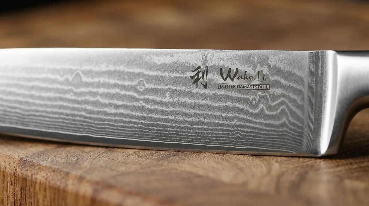 Detalle macro del filo de damasco VG-10 de 67 capas del WAKOLI EDIB Chef, con el patrón laminado sobre el núcleo