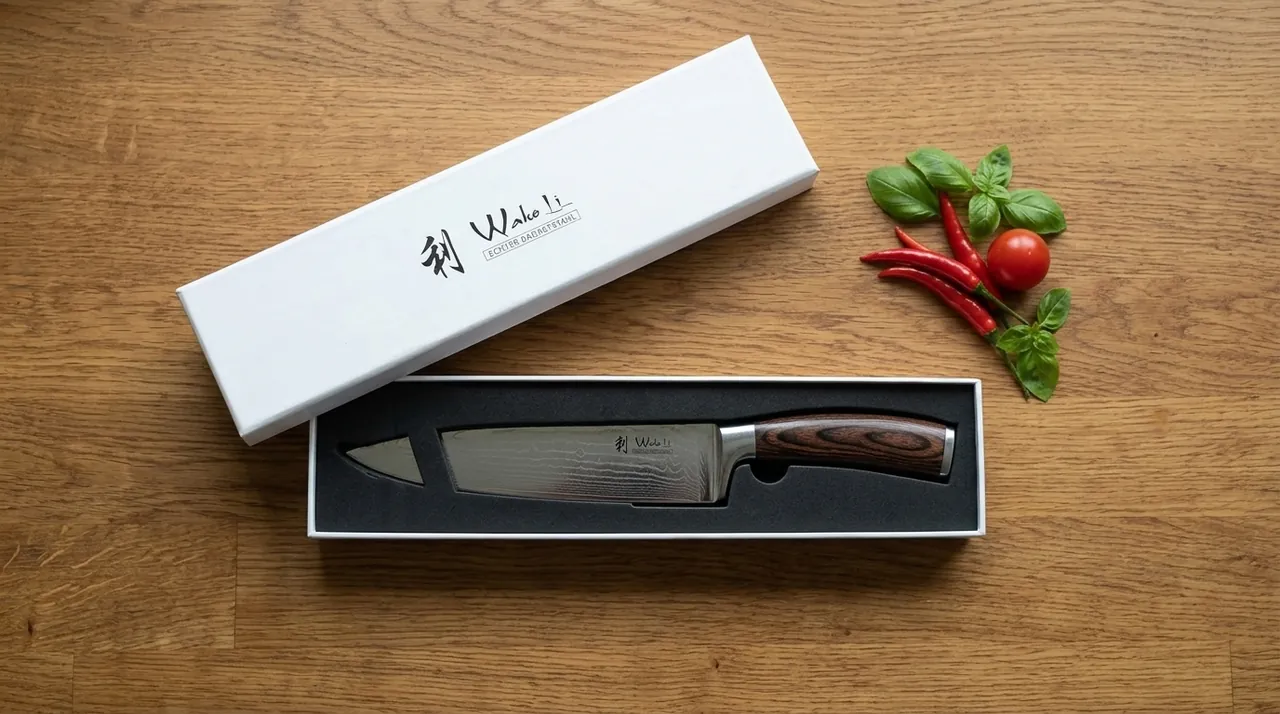 El WAKOLI EDIB Chef de damasco VG-10 en su estuche de regalo abierto, con la funda y verduras alrededor