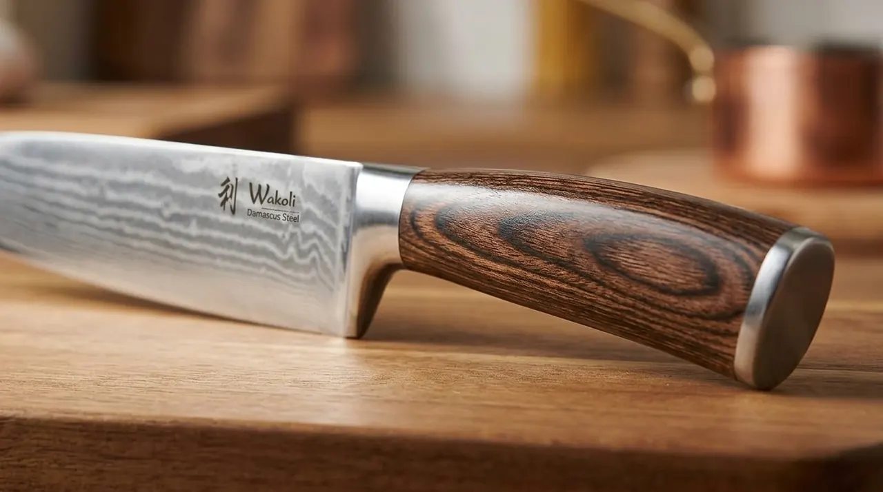Detalle del mango de pakkawood del WAKOLI EDIB Chef, con espiga continua y remaches