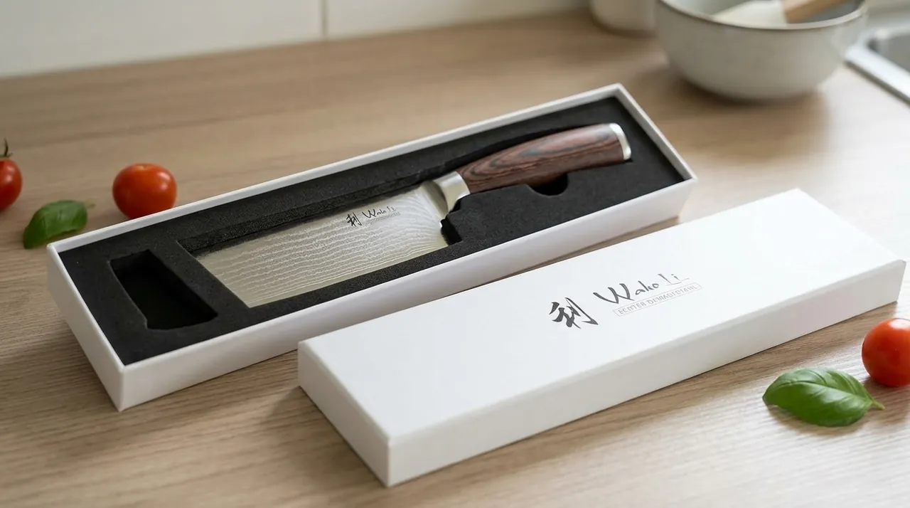 El WAKOLI EDIB Nakiri de damasco en su estuche de regalo abierto, con verduras alrededor