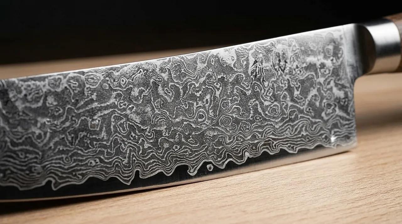 Detalle del patrón damasco sobre la hoja del kiritsuke WAKOLI EDIB Pro