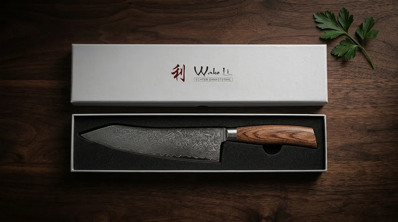 Cuchillo kiritsuke WAKOLI EDIB Pro en su estuche plateado de tapa deslizante sobre superficie oscura, con ajos y granos de pimienta al lado