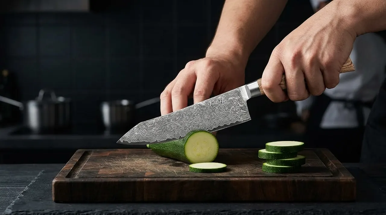 El kiritsuke WAKOLI EDIB Pro cortando verdura sobre tabla de madera, sujeta en garra con la otra mano