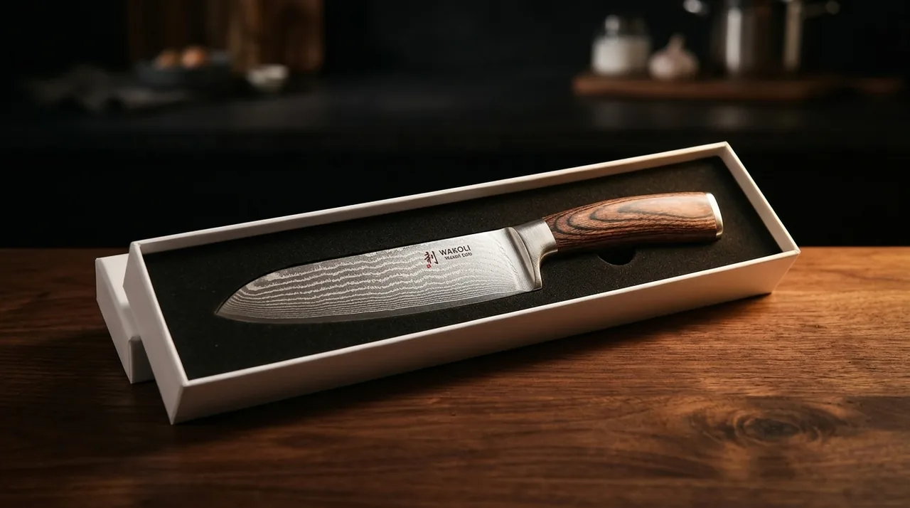 El WAKOLI EDIB Santoku en su estuche de regalo abierto, con el interior negro acolchado