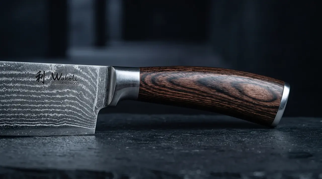 Detalle del mango de pakkawood del WAKOLI EDIB Nakiri, con el veteado de la madera estabilizada