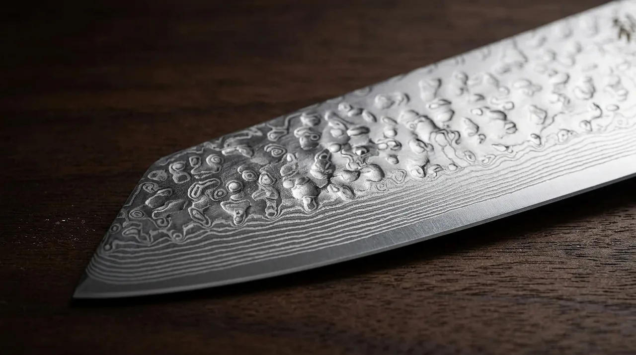 Detalle del patrón damasco de 67 capas sobre la hoja del kiritsuke WAKOLI Oribu