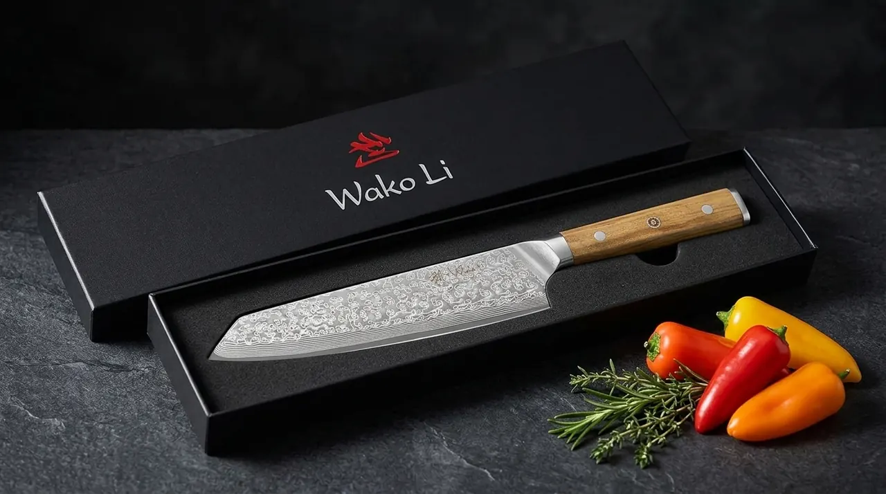 Cuchillo kiritsuke WAKOLI Oribu en su estuche negro con la marca en la tapa, sobre superficie oscura