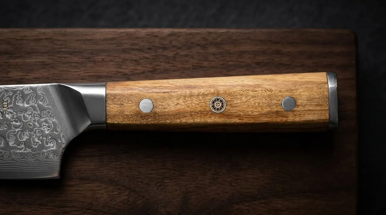 Mango de madera de olivo del kiritsuke WAKOLI Oribu con su veta cálida y la virola metálica