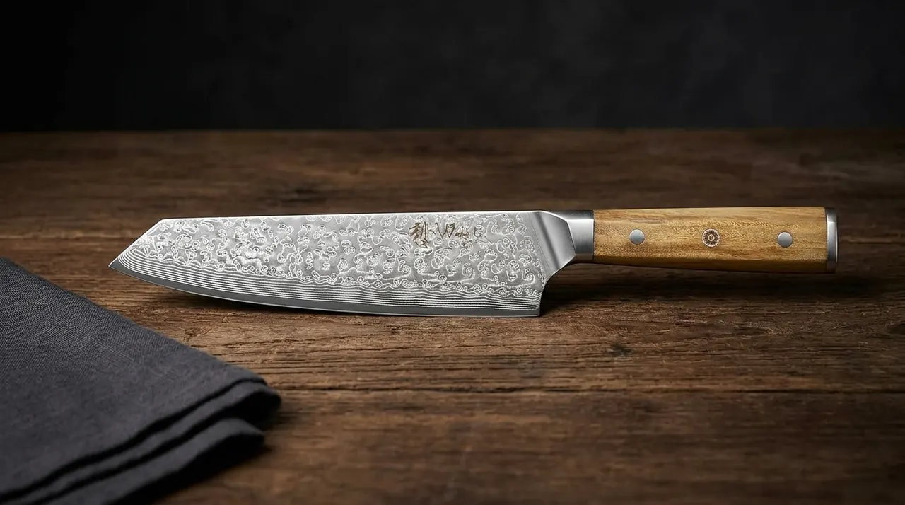 Cuchillo kiritsuke WAKOLI Oribu de acero damasco VG-10 con mango de madera de olivo sobre tabla oscura