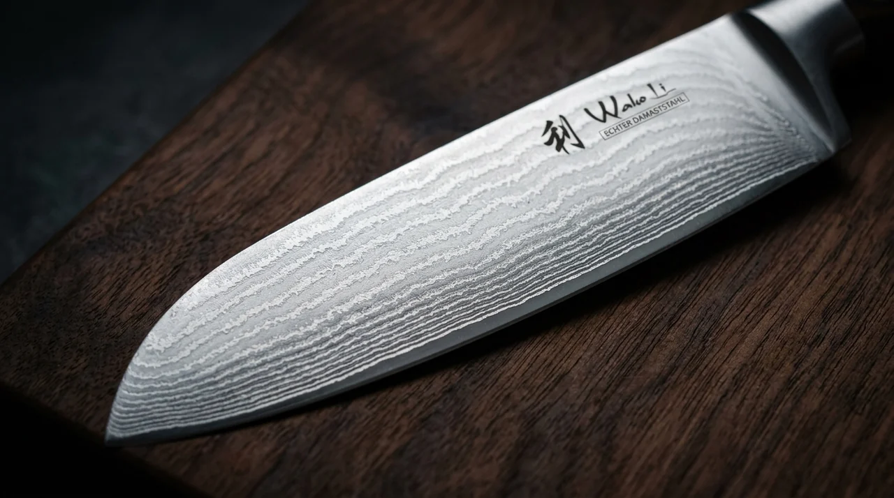 Detalle macro del filo de damasco de 67 capas del WAKOLI EDIB Santoku