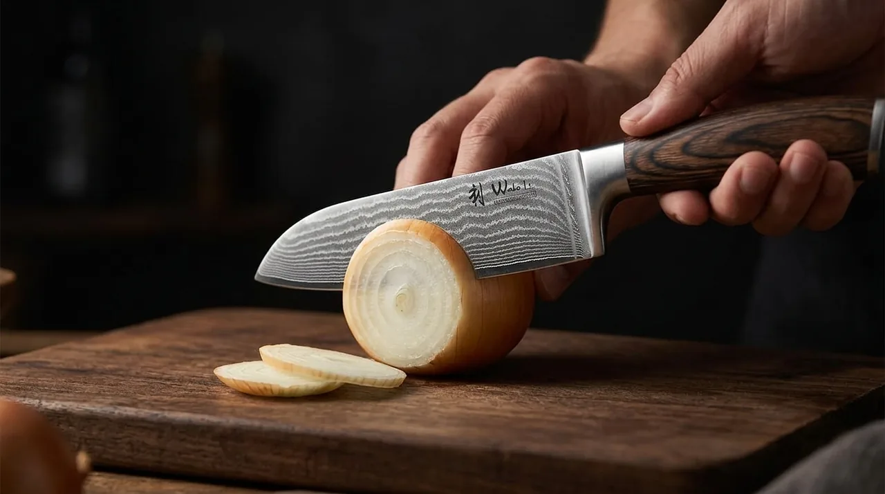 El WAKOLI EDIB Santoku cortando verdura sobre tabla de madera, con la hoja bajando a plomo