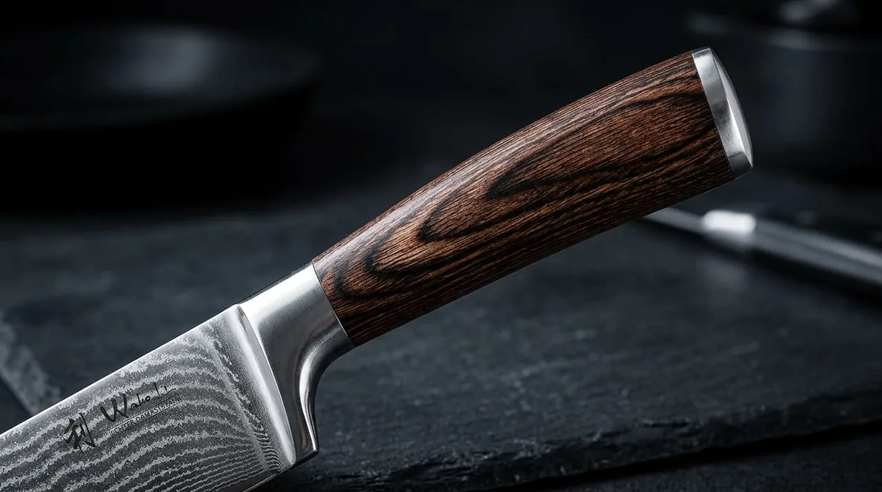 Detalle del mango de pakkawood del WAKOLI EDIB Santoku, con el veteado de la madera estabilizada