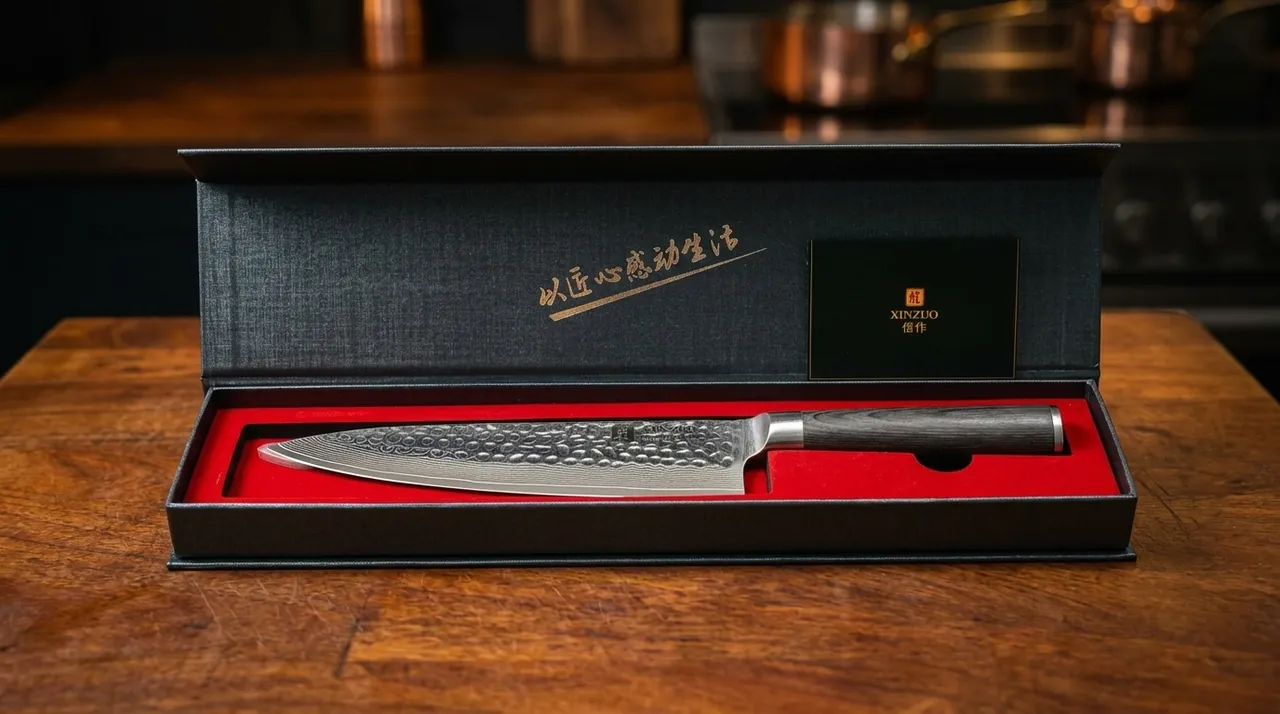 El cuchillo XINZUO He con su caja de presentación